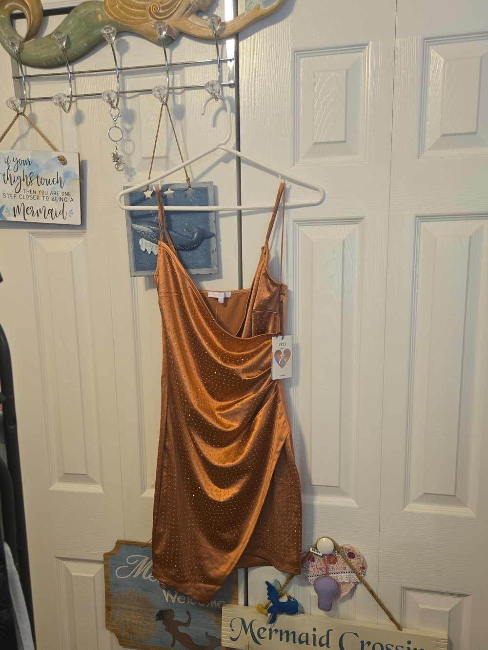 iris Copper Satin Cowl Mini Dress with Sparkle
